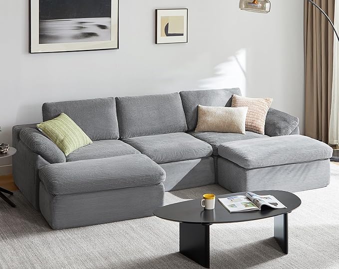 LINSY HOME 109 Modular Couch Modern Boneless Cloud Couch U Shaped Sofa with Movable Ottomans Deep Seat Corduroy Sectional Couches for Living Room Apartment No Assembly Required Grey