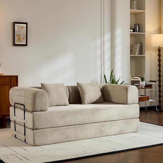 Convertible Sleeper Sofa Bed with Cylindrical Pillow Corduroy Folding Boneless Couch with Fixed-Shape Frame Comfy Floor Sofa Couch for Living Room No Assembly Required Beige White
