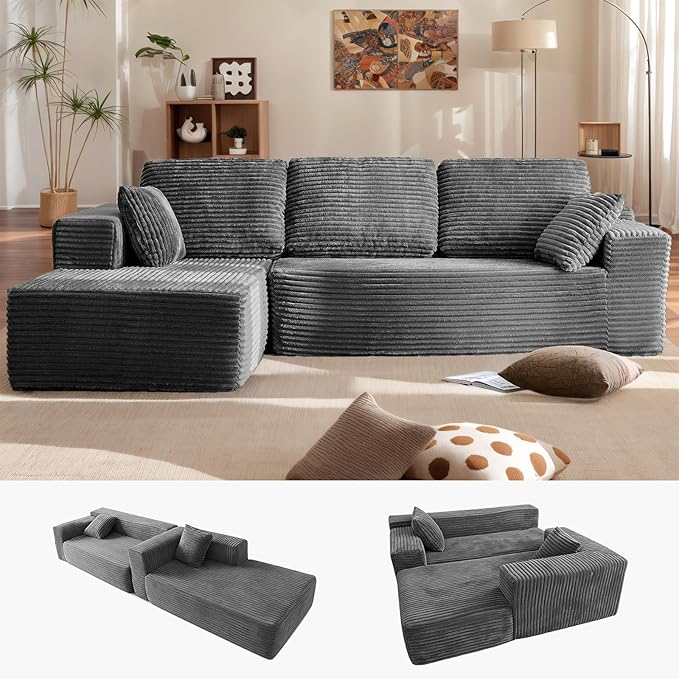 104” Boneless Couches for Living Room Modular Cloud Sectional Sofa with Chaise Deep Seat Upholstered No Assembly Required(Grey L Shape with Left FacingChaise)