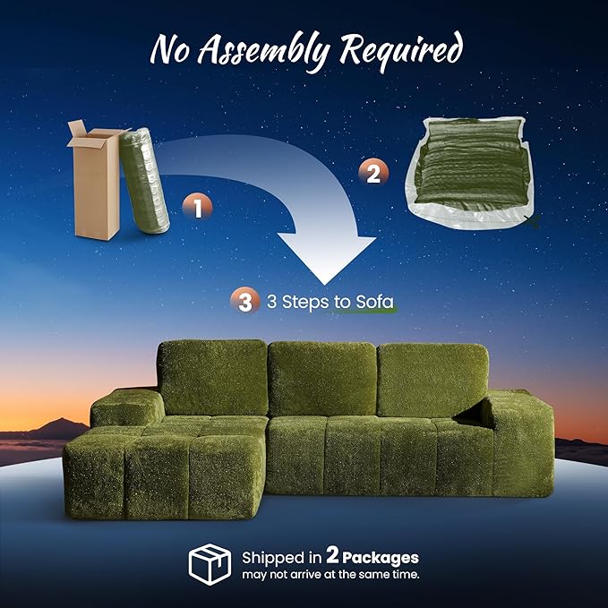 ovios 115 Cloud Boneless Couch with Glitter Fabric Moudular Sectional Sofa with Deep Seat No Assembly Required Modern Minimalist L Shaped Couches with Chaise for Living Room Green