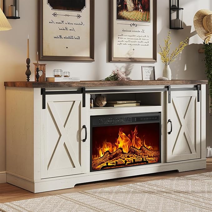 AMERLIFE Fireplace TV Stand with Sliding Barn Door for TVs up to 65 Farmhouse 59 Fireplace Entertainment Center with Storage Cabinets/Adjustable Shelves Distressed White &amp Barnwood