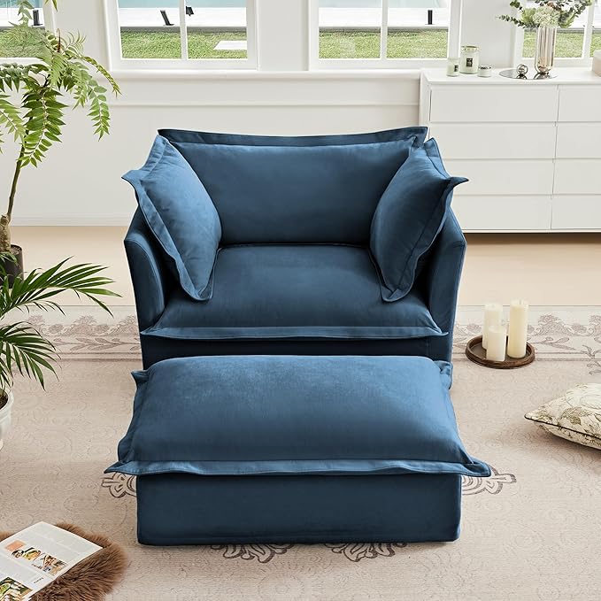Aoowow Oversized Modular Sectional Sofa Chair with Movable Ottoman 49” Chenille Single Armchair Comfy Deep Seat Couch Sofa with Big Toss Pillows for Living Room Apartment Office(Blue-Chenille)