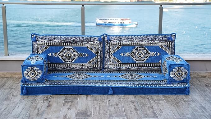 Single Arabic Floor Seating Cushions Arabic Majlis Floor Sofa Reading Nook Loveseat Sofa Single Floor Couch Ottoman Floor Pillows (Light Blue)