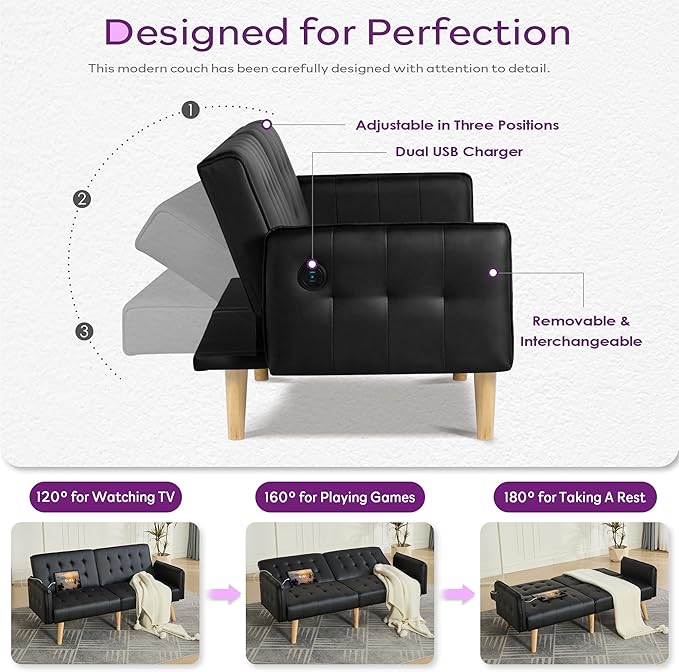 TYBOATLE Faux Leather Convertible 65'' Folding Futon Sofa Bed w/ 2 USB Loveseat for Small Space Apartment Dorm Living Room Office Black