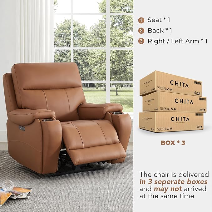 CHITA Large Power Zero Gravity Recliner Chair Genuine Leather Recliner Chair for Adults with Adjustable Power Headrest and Hidden Slide-Out Cupholders USB and Type-C Ports Saddle