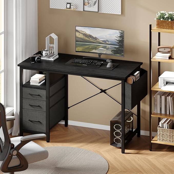 DUMOS 39 Computer Desk with Storage Small Home Office Desk with 3 Fabric Drawers &amp Side Pocket Space Saving Writing Desk for Apartment Dorm Gaming Workstation Black