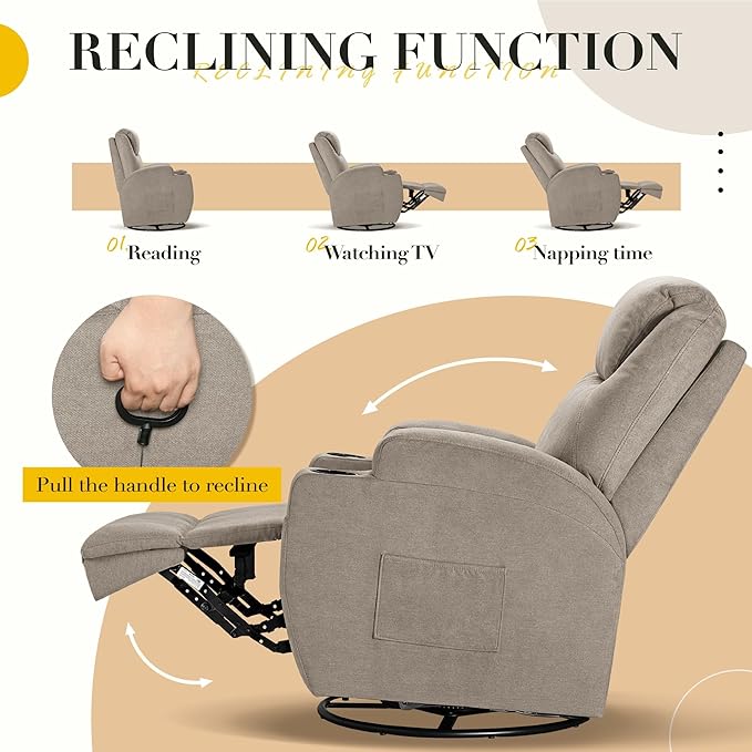 Recliner Chair 360° Swivel Rocker Chair for Adults Rocking Recliner Chair with Massage Comfy Single Sofa with Side Pockets Cup Holders for Living Room Bedroom Nursery (Fabric Khaki)