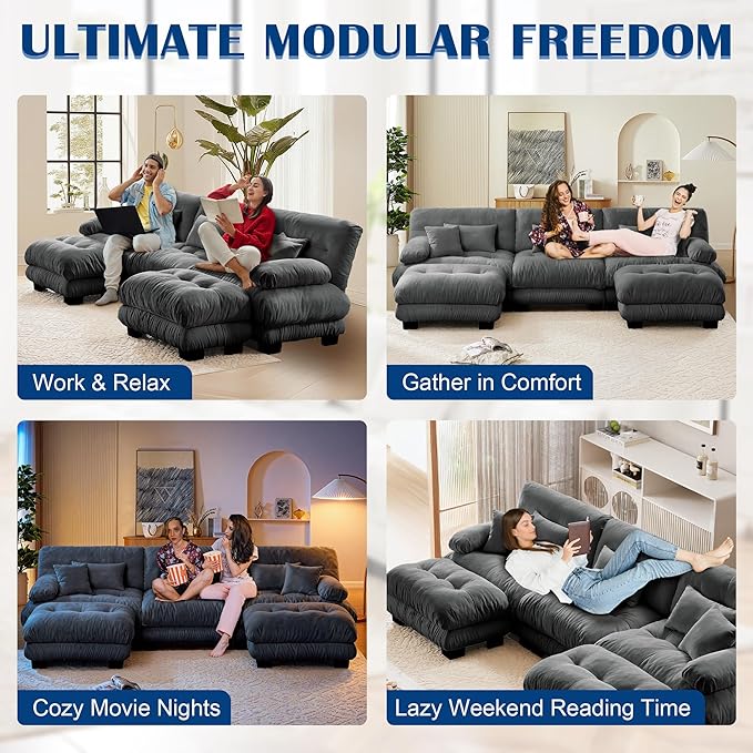 Oversized Cloud Couch Fluffy Sectional Couch for Living Room L Shaped Sofa with Movable Ottoman Chenille Grey