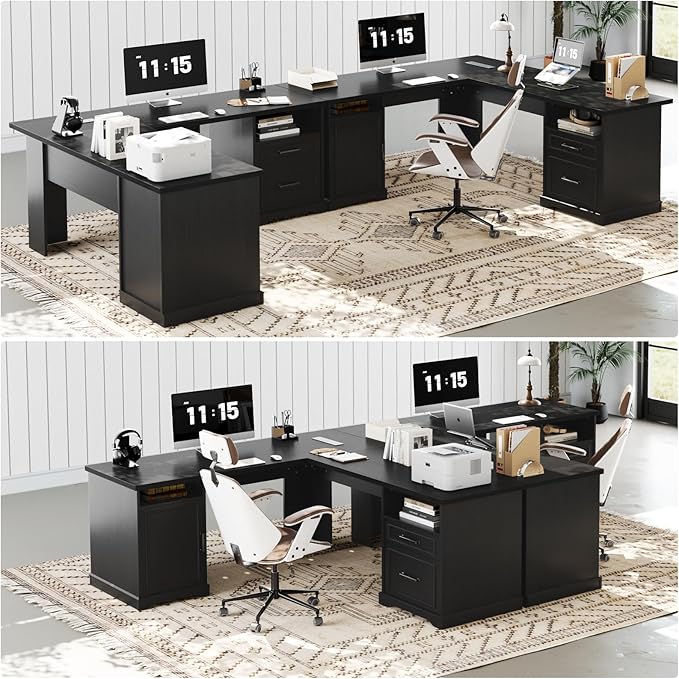 Unikito Farmhouse L Shaped Executive Desk with File Drawers 60 Corner Computer Desk with Power Outlets Large 2 Person Home Office Table with Storage Cabinet Sturdy Writing Desk Black