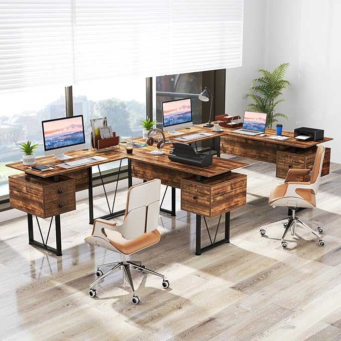 Tangkula 59 L-Shaped Office Desk with 3 Drawers &amp Charging Station Corner Computer Desk with Sturdy Metal Frame Industrial Home Office Computer Workstation for Working Studying (Rustic Brown)