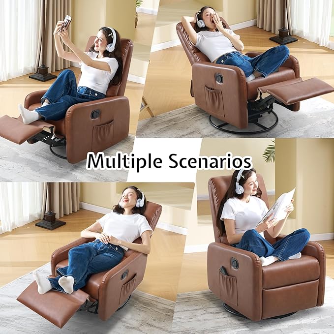 Jocisland Swivel Glider Rocking Recliner Chair for Adults Nursery Rocker Reclining Comfy Upholstered Single Sofa Armchair for Living Room Bedroom Nursing Leather Brown