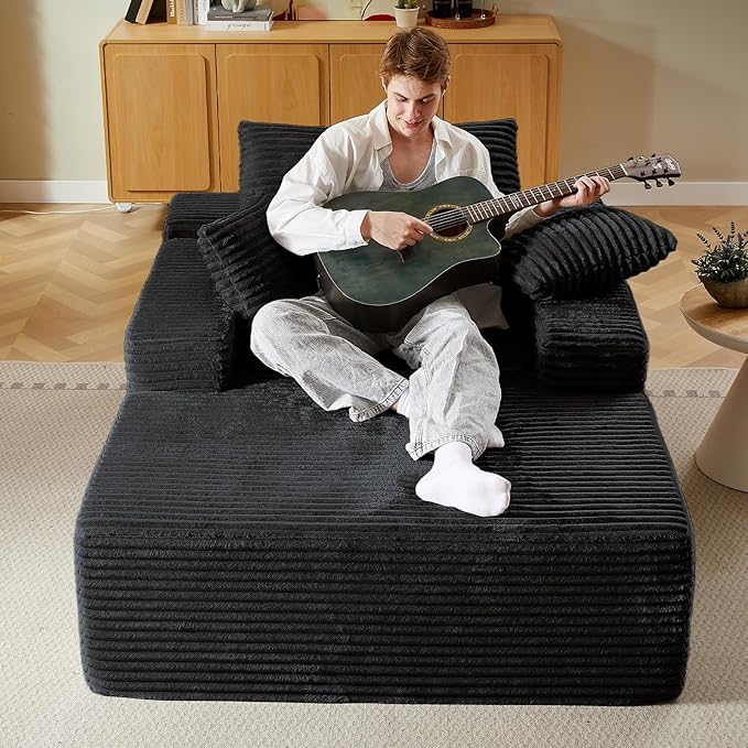 50 Oversized Chaise Lounge Chair IndoorCorduroy Boneless Reading Chair with 3 PillowsDeep Seat Cloud Sofa BedComfy Modern Sleeper Chairs in Box for Living Room BedroomNo Assembly(Black)