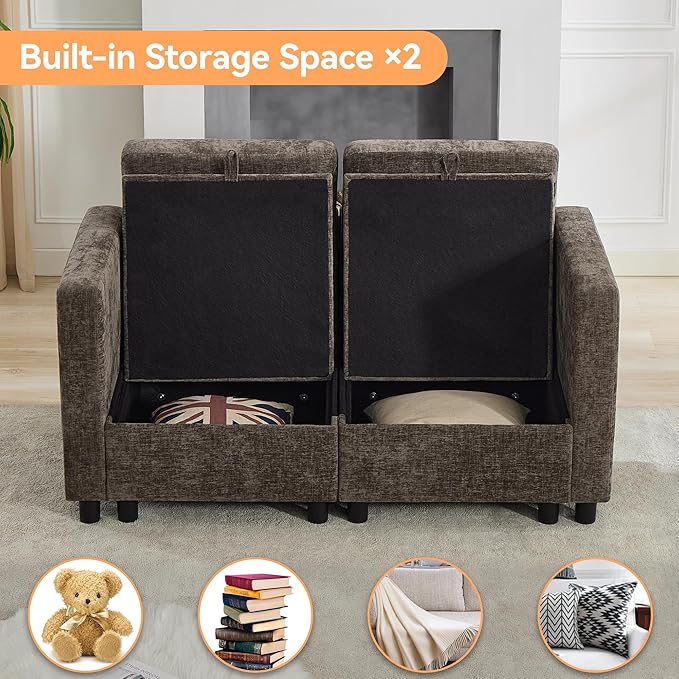 58'' Modular Sectional Loveseat Sofa Modern Love Seat 2 Seater Sofa Couch with Storage Chenille Modular Sectional Couch for Living Room Bedroom Office Small Apartment Brown
