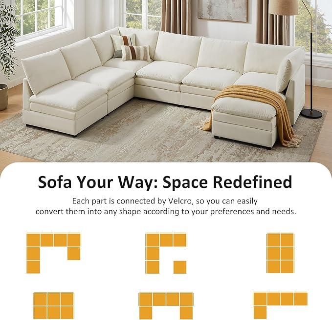VANOMi 68 Cloud Modular Sectional Sofa Couches for Living Room Oversized Modern Sleeper Sofa with Deep Seat Double-Layer Thick Cushion Ottoman Convertible Upholstered Sofa Set Ivory White