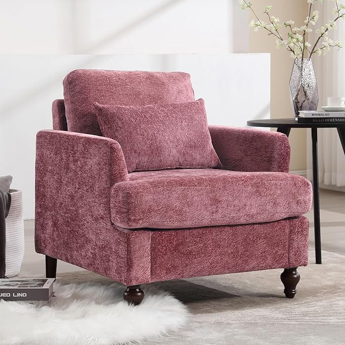 Chenille Sofas Couch for Living Room 29.5’’ Mid Century Modern Single Sofa Chair Small Cloud Couch with Deep Seats Comfy Accent Armchair for Living Room Apartment Bedroom Wine Red
