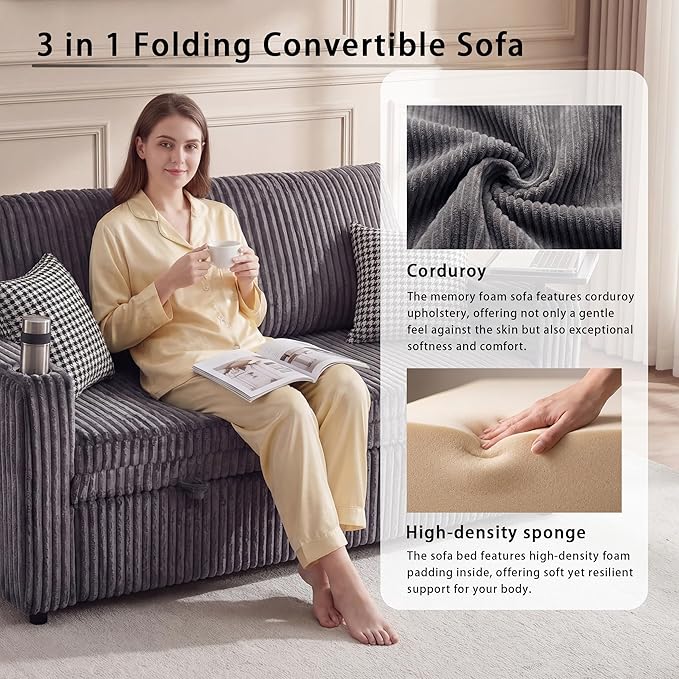 65'' Convertible Sofa Bed3-in-1 Pull Out Couch with USB Charging Port &amp Swivel Side TableCorduroy Fabric Loveseat Sleeper Couches with Adjustable Backrest for Living RoomEasy AssemblyGrey