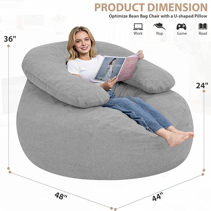 HABUTWAY Giant Bean Bag Chair Oversized Beanbag Chair with Filler Ultra Soft Teddy Fleece Bean Bag Lounge Floor Sofa w/U-Shaped Pillow for Gaming Reading Light Grey &amp Light Grey