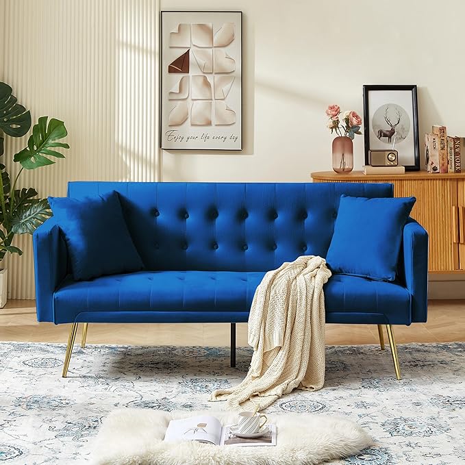 Anwick Modern Velvet Futon Sofa Bed: 72 Satin Convertible 2 Pillows Tufted Back Golden Metal Legs Folding Sleeper Loveseat for Small Space Home Office Living Room (Blue)