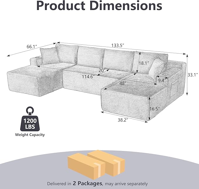 133.5 Modular Sectional Sofa with Movable Chaises Boneless Couches with Cup Holders for Living RoomOversized U Shaped Sectional Couch Modern Cloud Corner Sofa with Storage 6 Seater- Gray