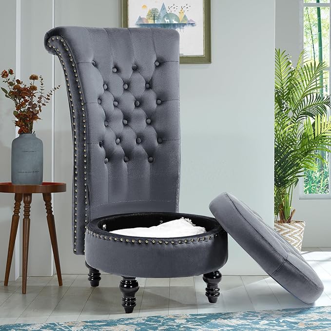 AVAWING High Back Throne Chair Velvet Royal Accent Chair Button-Tufted Armless Gothic Chair w/Storage Nailhead Trim Design &amp Rubber Wood Legs for Living Room &amp Bedroom Grey