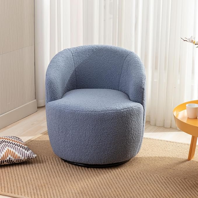 Swivel Barrel Accent Chair 360° Swivel Chair with Black Powder Coating Metal Ring Small Leisure Chair Single Sofa Chair for Living Room Hotel Bedroom Office Coffee Shop (Light-Blue + Wool)