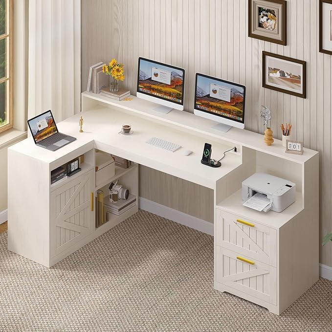 TVU Farmhouse L Shaped Desk with Drawers 62.2 Home Office Desk with Storage Shelves and Power Outlet L Shaped Computer Desk with Monitor Stand and Printer Shelf White