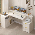 TVU Farmhouse L Shaped Desk with Drawers 62.2 Home Office Desk with Storage Shelves and Power Outlet L Shaped Computer Desk with Monitor Stand and Printer Shelf White