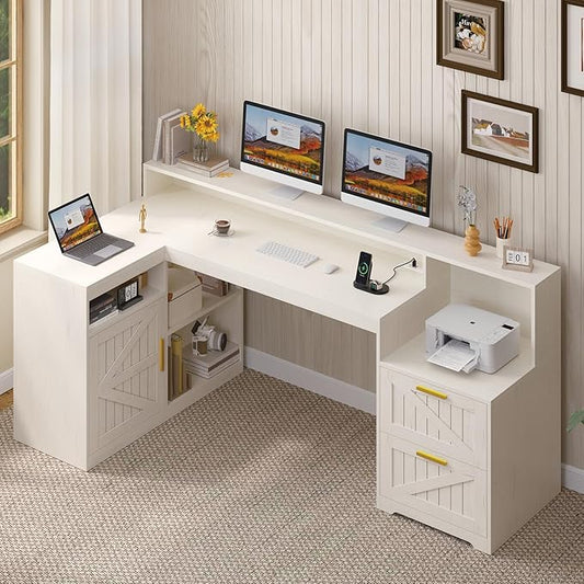 TVU Farmhouse L Shaped Desk with Drawers 62.2 Home Office Desk with Storage Shelves and Power Outlet L Shaped Computer Desk with Monitor Stand and Printer Shelf White