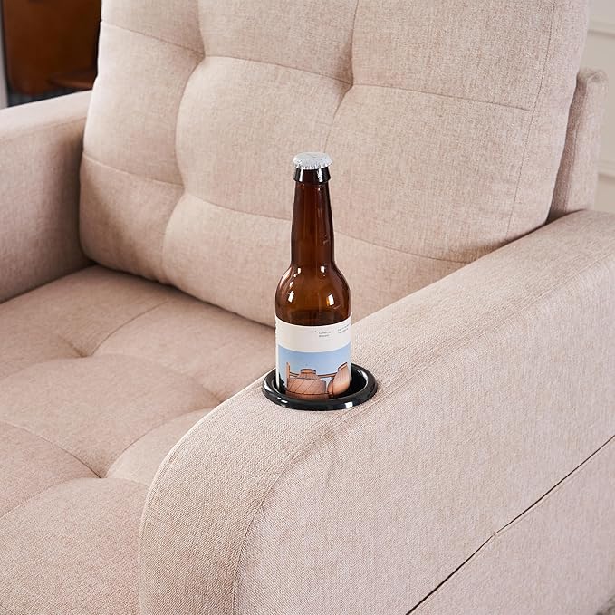 Accent Chair with Ottoman Set Upholstered Armchair with Storage Ottoman Cup Holders &amp Side Pocket Single Sofa Chair with Tufted Detailing for Living Room or Bedroom (Beige)