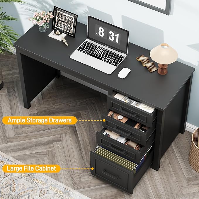 Vabches Farmhouse 49” Executive Desk with File Drawer 4 Drawers Reversible Computer Desk with Storage Rustic Home Writing Workstation for Home Office.Black