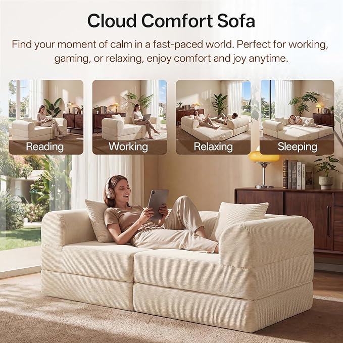 74.8’’ Boneless Modular Convertible Sofa Bed Fold-Out Floor Couch Loveseat All-Foam Futon Mattress Couch Corduroy Sleeper Sofa for Living Room &amp Small Spaces No Assembly Required Beige