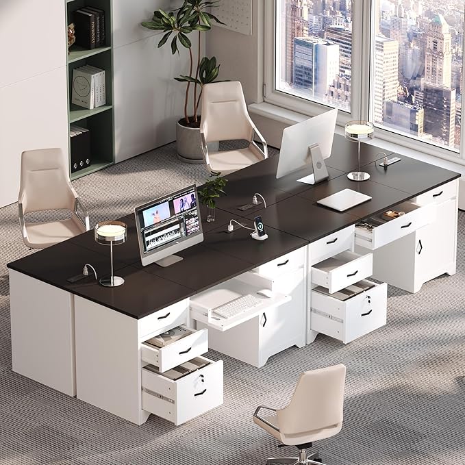 Bestier 59” Office Desk with Lockable Drawers Modern Computer Desk with File Drawer Charging Station &amp Drop-Front Keyboard Drawer Executive Desk with Storage Cabinet for Home Office &amp Studi