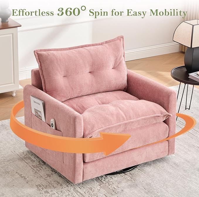 cinkehome Oversized Swivel Chair 36 Swivel Armchair Accent Chair for Living Room Mid Century Modern Thick Padded Arm Chairs Memory Foam Chenille Fabric