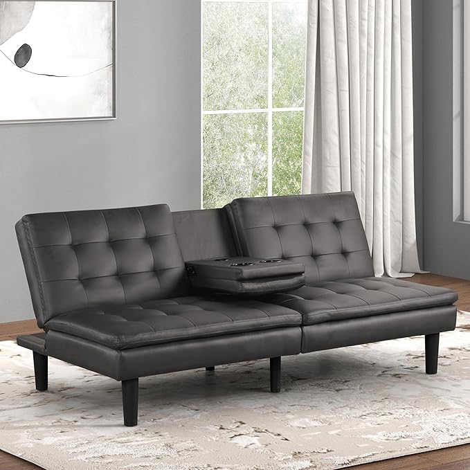 Furniture of America Fallein Modern Contemporary Wood 71.5-inch Futon Sofa Bed with Drop-Down Table Cup Holders USB-A Charger Biscuit Tufting for Bedroom Guest Room Gray