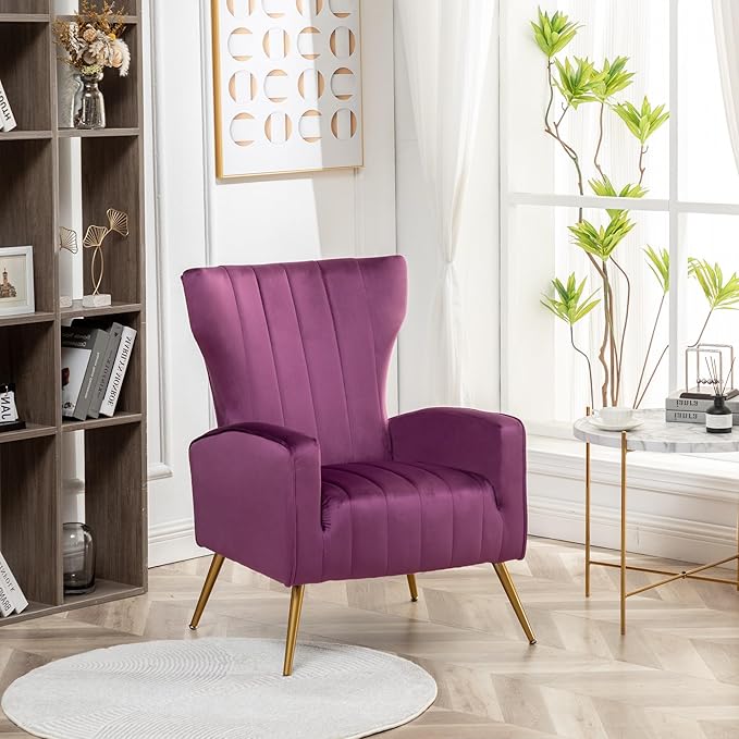 Modern Velvet Accent Chair Channel Tufted Bedroom Office or Living Room Furniture with Elegant Metal Legs 26 Wide Armchair Purple