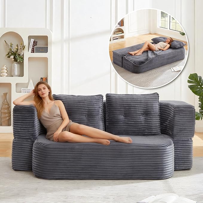 78.4 Convertible Sleeper Sofa Bed Floor Couch Loveseat with Functional Blanket and 2 Soft PillowsCorduroy Fabric Boneless Futon Couch for Living RoomBedroomApartment (Dark Grey)