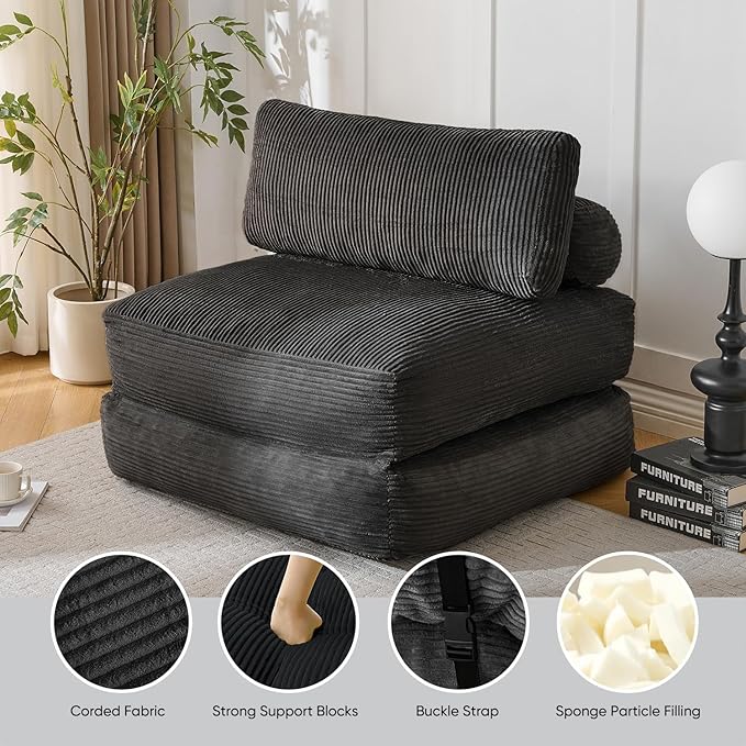 Waxberry Folding Sofa Couch Bed 36 Deep Oversized Seat Boneless Sofa Chair Corduroy Convertible Single Sleeper Chair Couch Bed for Living Room Portable Fold Out Chair Bed With Back Support (Black)
