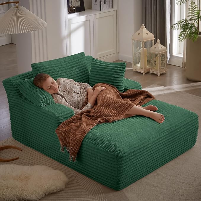 49.2 Oversized Chaise Lounge Chair Deep Seat Upholstered Cozy Cloud Couch Modern Corduroy Floor Sleeper Sofa Bed Reading Chair for Living Room Bedroom Apartment Office Indoor Green