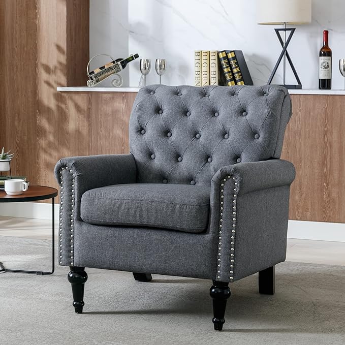 Upholstered Accent ChairsMid Century Armchair Sofa ChairsComfy Living Room ChairButton Tufted Reading Chair for Living Room BedroomStudy (2 Dark Grey)
