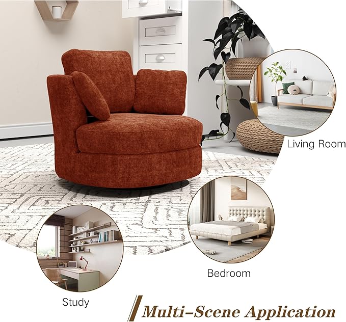 Mlmh &amp Kngwa Oversized Swivel Chair with Ottoman 40.4 inch Round Swivel Accent Chair and A Half Moon Ottoman with 3 Pillows Chenille Cozy Reading Chairs for Bedroom Living Room Terracotta