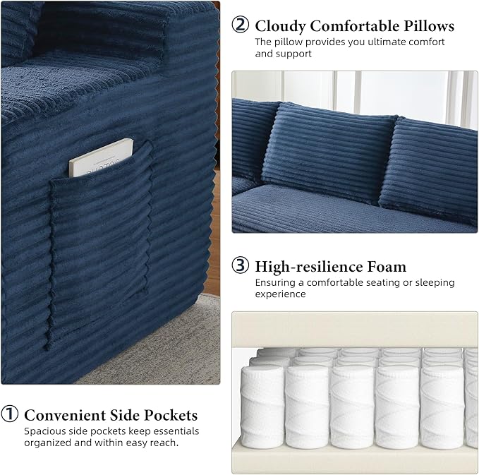 Boneless Couch Corduroy Cloud Sofa 96'' Sectional Couches Deep Seat L-Shaped Sofa No Assembly Pet-Friendly Apartment Couch for Living Room Small Spaces in a Box