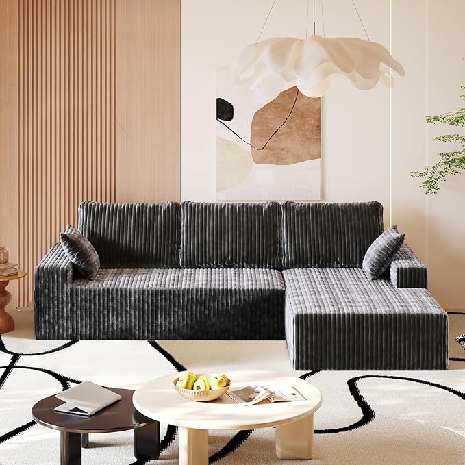 108” L Shape Sectional Boneless Couch35D Sponge Comfy 3 Seat SofaCloud Thickened FlannelModular Couches for Living RoomNo AssemblyDeep SeatOversized Chaise (Gray 108 Right Chaise)