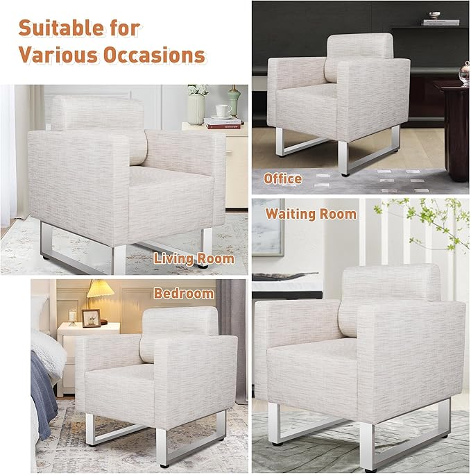 Modern Leather Accent Chair for Living Room Oversized Single Sofa Chair with Stainless Steel Frame Comfy Side Chair with Wide Backrest and Armrests for Bedroom Office Waiting Room White