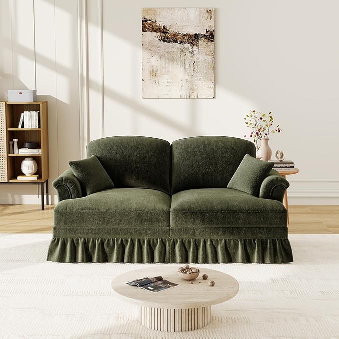 healthomse Modular Sectional Sofa Couch Comfy Chenille Two-Seat Sofa with Removable Ruffles Pleats Skirts Elegant Mid Century Sofa Couch for Living Room Bedroom Apartment (Green 76.4inch)