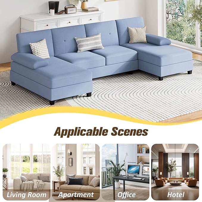 JY QAQA Sectional Couche with Soft Cushion U-Shaped Sofa with Double Chaise 4-Seat Linen Fabric Sofa Sets for Living Room Apartment Blue