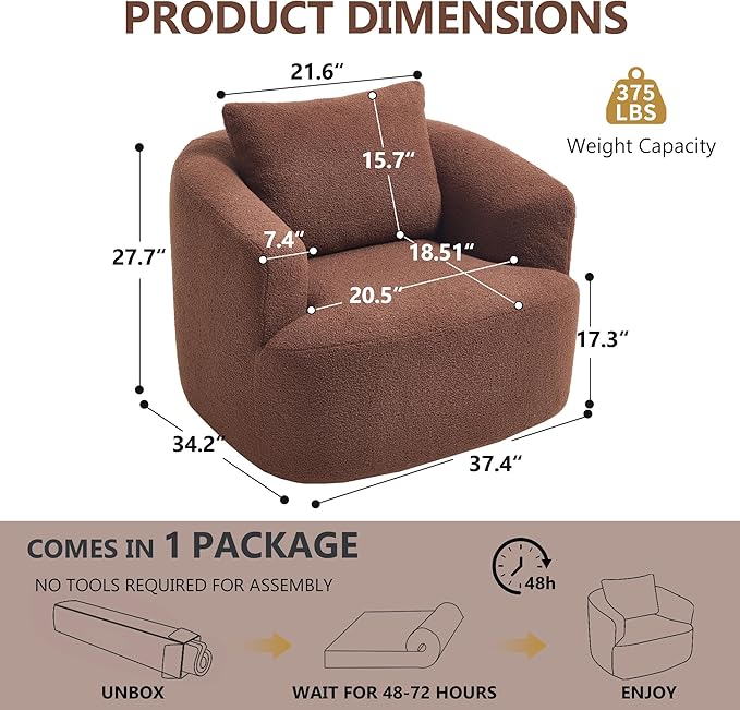 PELUMY Swivel Accent Chair Modern Round Barrel Chair Soft Teddy Fleece Fabric Swivel Chair for Living Room 360 Rotating Small Space Comfort Reading Chair No Tools Assembly (Brown)