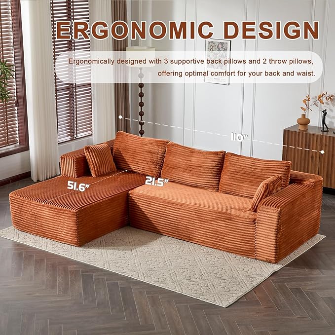 110 Modular Sectional Sofa with L-Shape Chaise Boneless Cloud Couch with Deep Seat Sponge Compression Sofas No Assembly Required Upholstered Couches for Living Room Bedroom Corduroy (Brown)