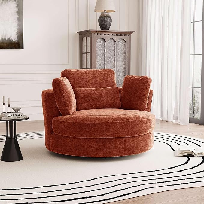 Aoiy &amp Wifon 50'' W Oversized Swivel Barrel Chair Terracotta Swivel Accent Chair for Living Room Round Oversized Arm Chair with 4 Pillows Deep Seat &amp Extra Wide Chenille