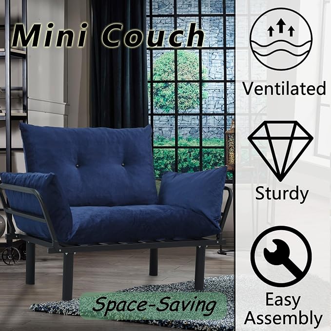 49 Mini Couch with Mattress Included Small Loveseat Sofa Chair for Small Space Oversized Accent Chair and a Half Metal Frame (Blue)