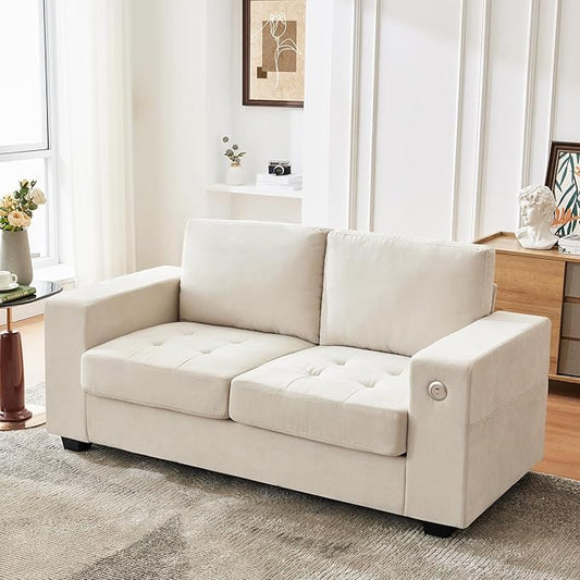 70” Loveseat Sofa Comfy Couches for Living Room Cloud Couch with USB/Type-C Charging Ports &amp Removable Covers Solid Wood Sofa with Wide Armrest Small Couches for Small Space Living Room Beige